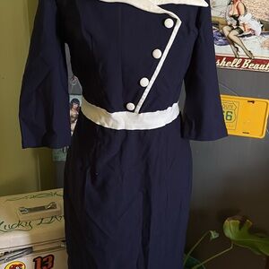 Chic Navy and White Long Sleeve Dress